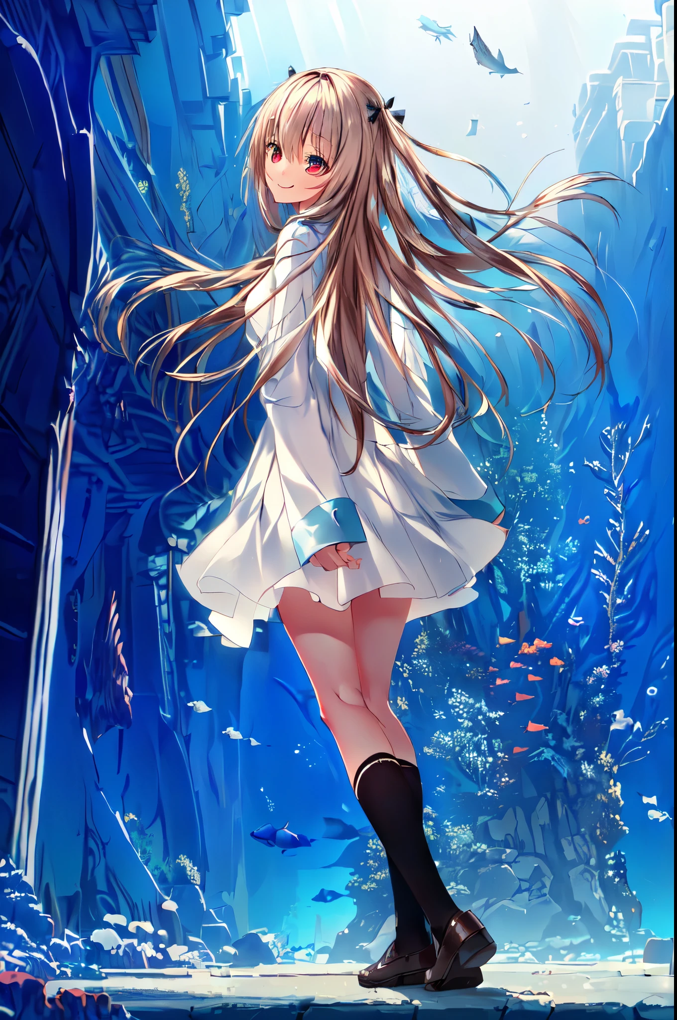 (masterpiece), (best quality), (high res 8K), (ATRI:1.5),(1 girl, late teenage, full body,standing,Back shot,turn around, arched back,arms behind back,from behind,),((seradress:1.3),Long sleeves, semi-long skirt), Two sides up,brown hair, hair standing on end,smile,detailed red eyes and face,
overhead sunlight, rim lighting, high key lighting,(Under the sea),