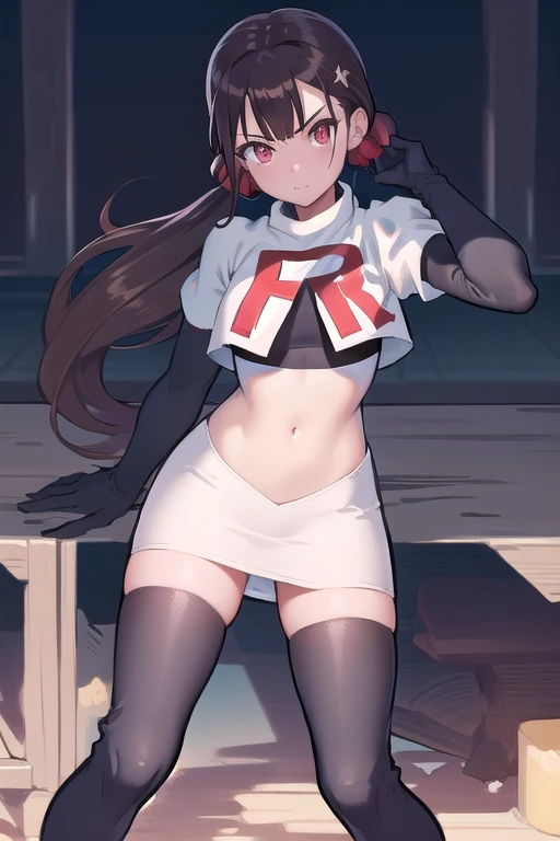 masterpiece, Highest quality, Ultra high definition, Spring Roll, Red eyes, Brown Hair, Low twin tails, Red scrunchie, Mole under the eye, Hair Clip, team rocket,team rocket uniform,white skirt,red letter R,crop top,black thigh-highs,black elbow gloves, cowboy shot,