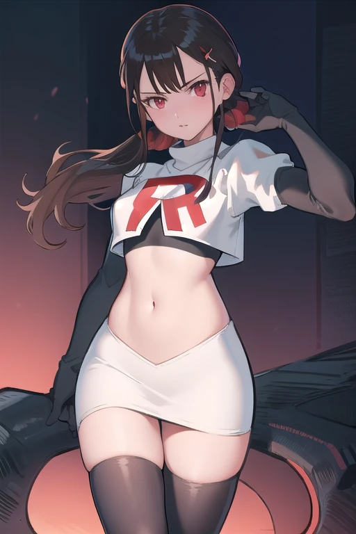 masterpiece, Highest quality, Ultra high definition, Spring Roll, Red eyes, Brown Hair, Low twin tails, Red scrunchie, Mole under the eye, Hair Clip, team rocket,team rocket uniform,white skirt,red letter R,crop top,black thigh-highs,black elbow gloves, cowboy shot,