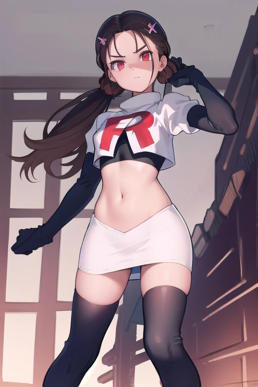 masterpiece, Highest quality, Ultra high definition, Spring Roll, Red eyes, Brown Hair, Low twin tails, Red scrunchie, Mole under the eye, Hair Clip, team rocket,team rocket uniform,white skirt,red letter R,crop top,black thigh-highs,black elbow gloves, cowboy shot,