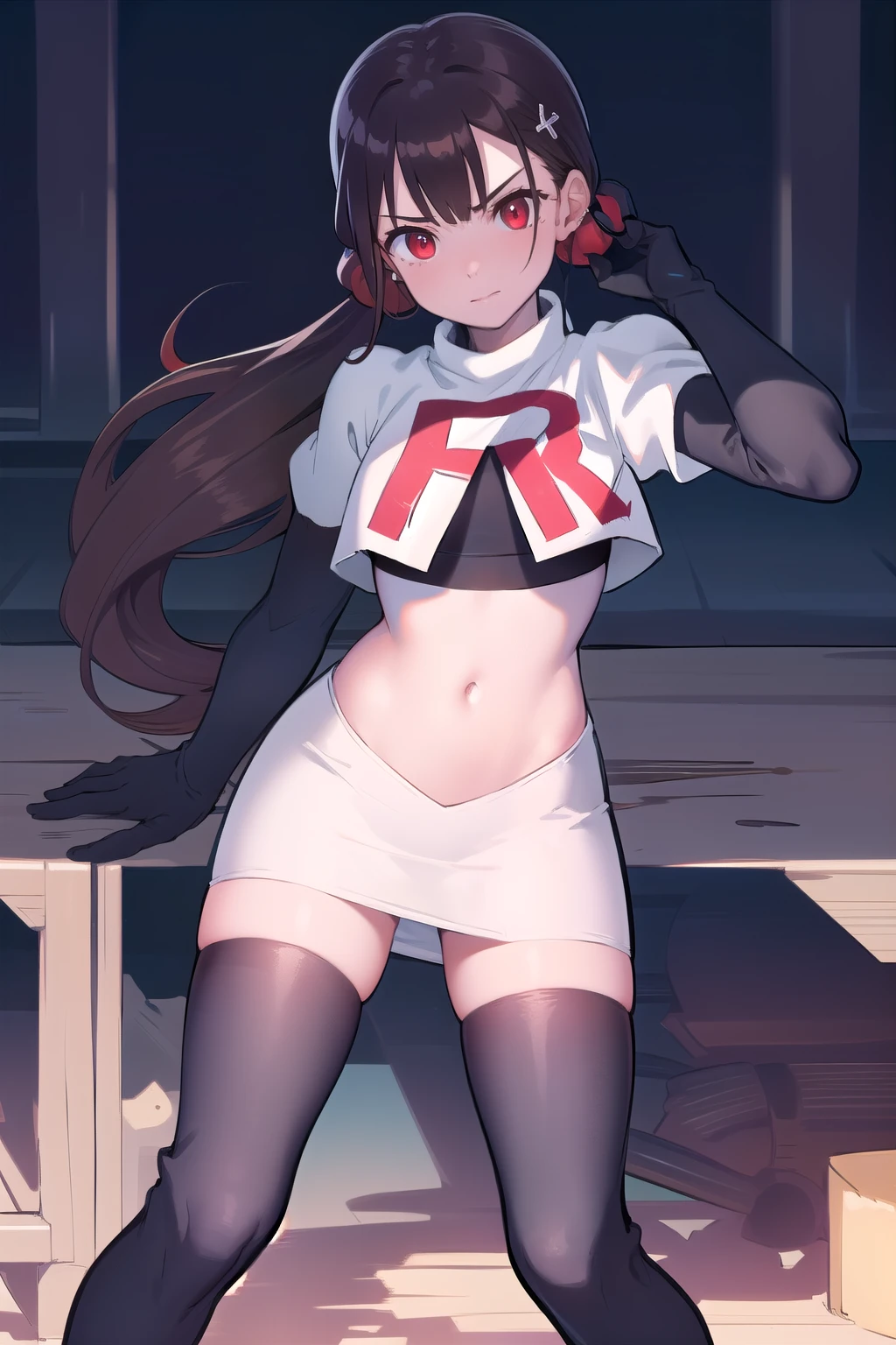 masterpiece, Highest quality, Ultra high definition, Spring Roll, Red eyes, Brown Hair, Low twin tails, Red scrunchie, Mole under the eye, Hair Clip, team rocket,team rocket uniform,white skirt,red letter R,crop top,black thigh-highs,black elbow gloves, cowboy shot,