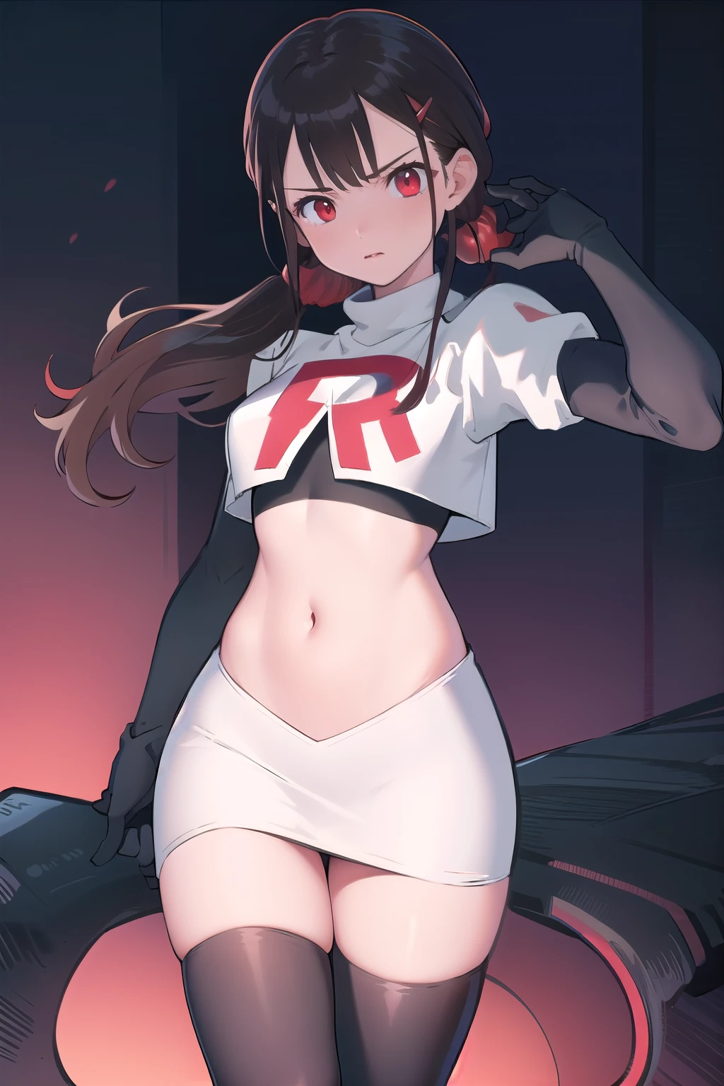 masterpiece, Highest quality, Ultra high definition, Spring Roll, Red eyes, Brown Hair, Low twin tails, Red scrunchie, Mole under the eye, Hair Clip, team rocket,team rocket uniform,white skirt,red letter R,crop top,black thigh-highs,black elbow gloves, cowboy shot,