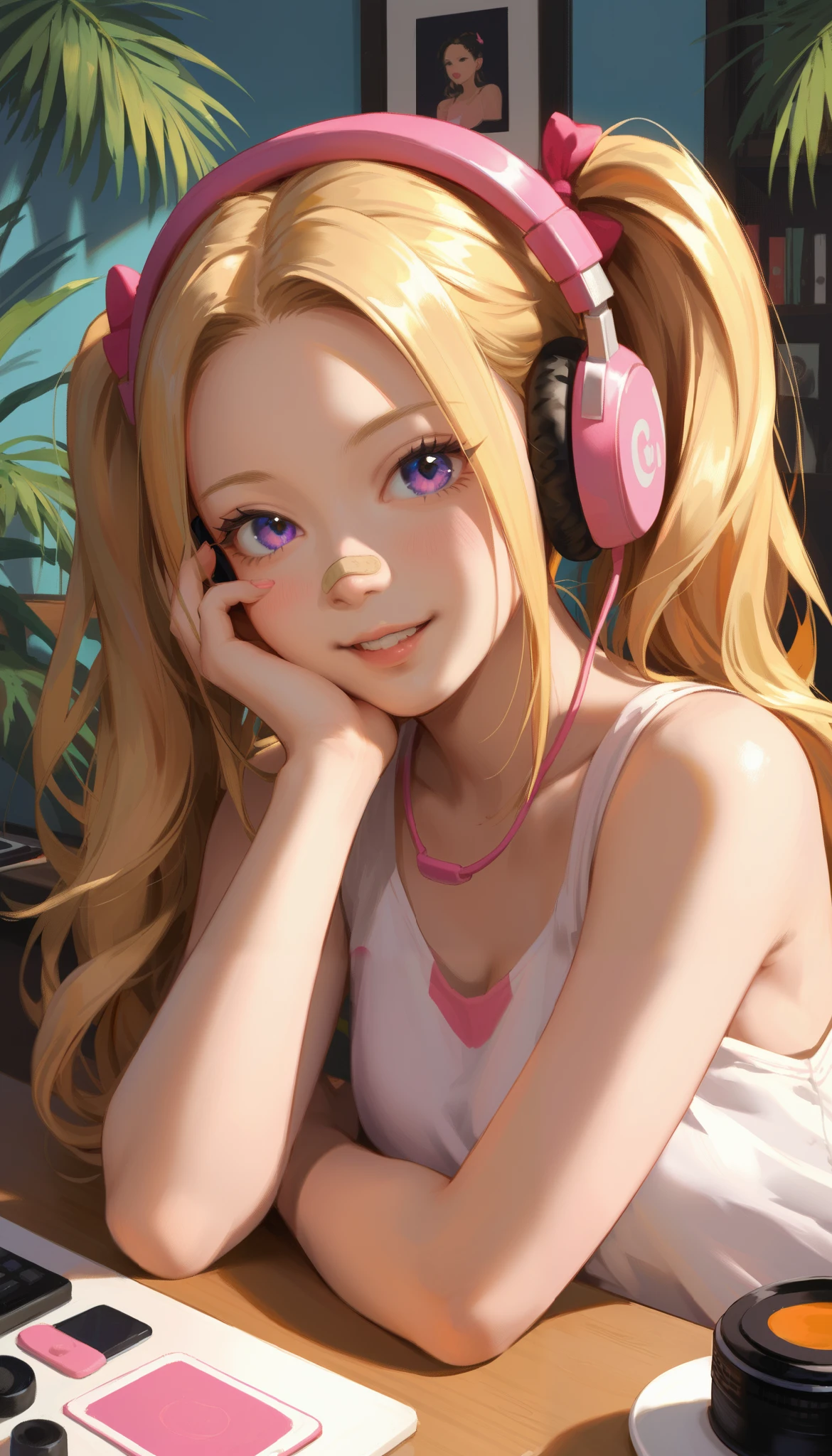close-up of a young girl wearing headphones , golden hair with double ponytails , Bangs cover forehead , bare shoulders ,30 degree sideways angle ,Support your chin with one hand , In front of the camera is a table , and lie down on the table,Palm holding face , pink band-aid on the bridge of the nose , anime style,Hand drawn thick paint style , with pronounced black strokes