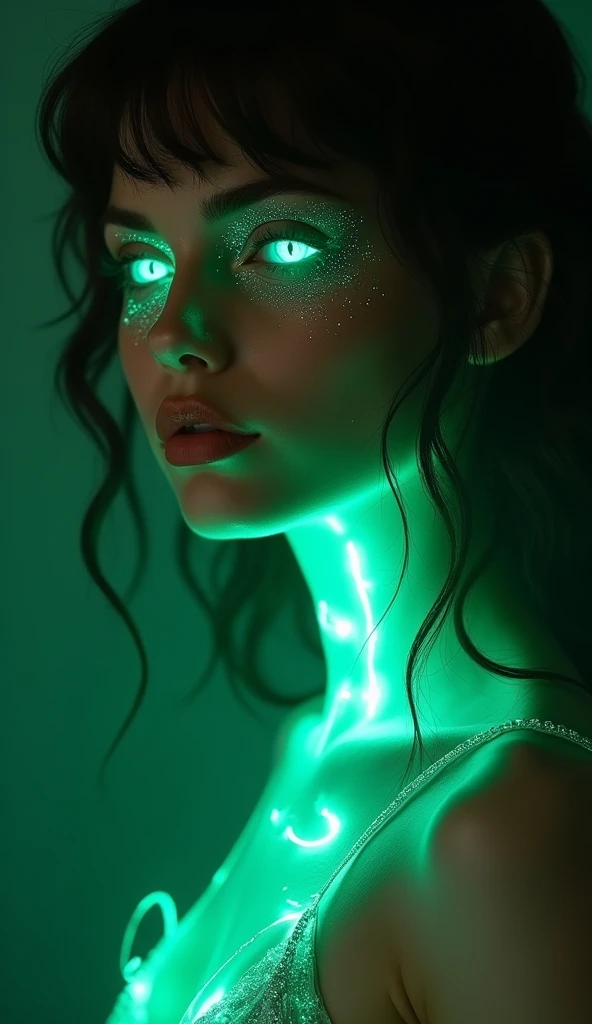 (Facing Viewer), Nude, half body, close up, glowing woman in Earth green, green hair, ethereal light, dark background, intense light, surreal atmosphere, digital art, dramatic lighting, detailed textures, ultra-high resolution