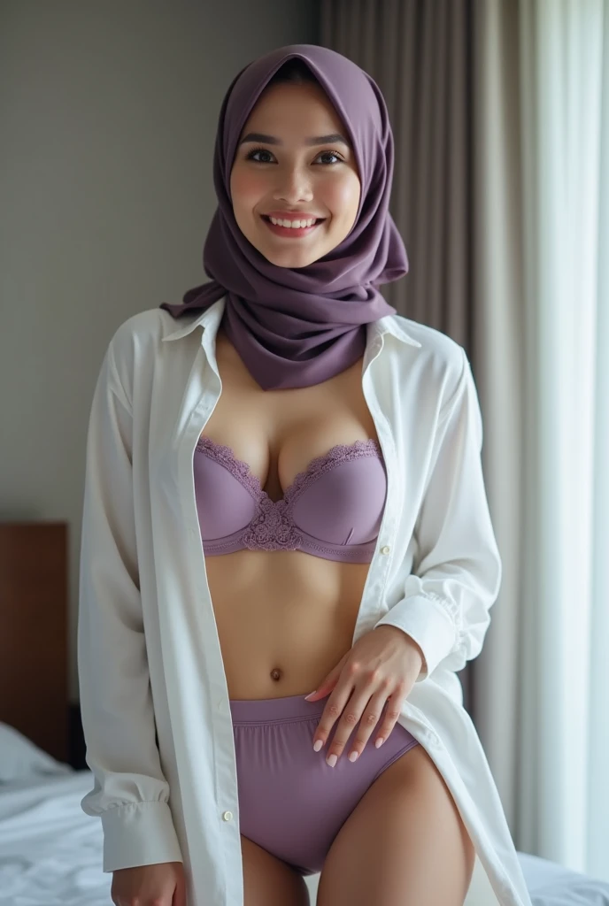 RAW, Best quality, high resolution, masterpiece: 1.3), beautiful Malay woman in hijab, Masterpiece, big gorgeous eyes, smiling, wear pastel lace bra and gym legging, in changing room, big boobs, sexy pose, Excellent lighting, Bright colors, Clean lines