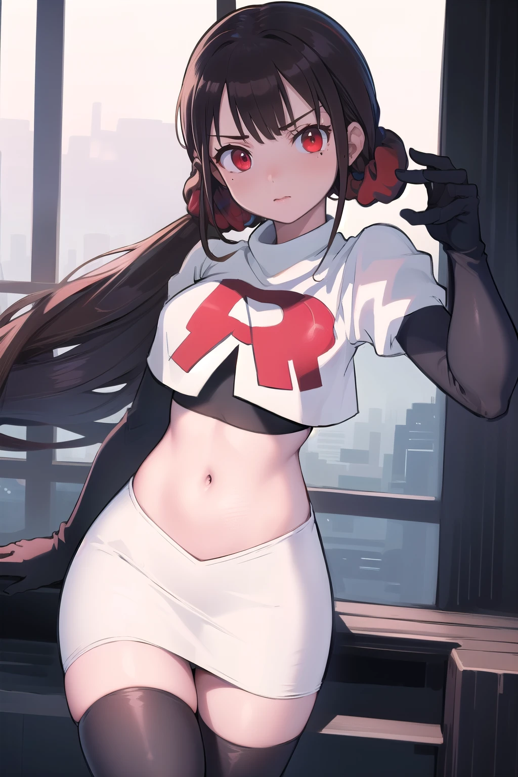 masterpiece, Highest quality, Ultra high definition, Spring Roll, Red eyes, Brown Hair, Low twin tails, Red scrunchie, Mole under the eye, Hair Clip, team rocket,team rocket uniform,white skirt,red letter R,crop top,black thigh-highs,black elbow gloves, cowboy shot,