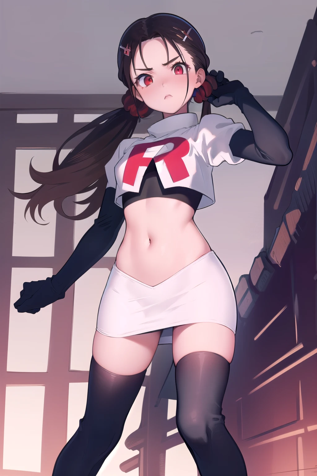 masterpiece, Highest quality, Ultra high definition, Spring Roll, Red eyes, Brown Hair, Low twin tails, Red scrunchie, Mole under the eye, Hair Clip, team rocket,team rocket uniform,white skirt,red letter R,crop top,black thigh-highs,black elbow gloves, cowboy shot,