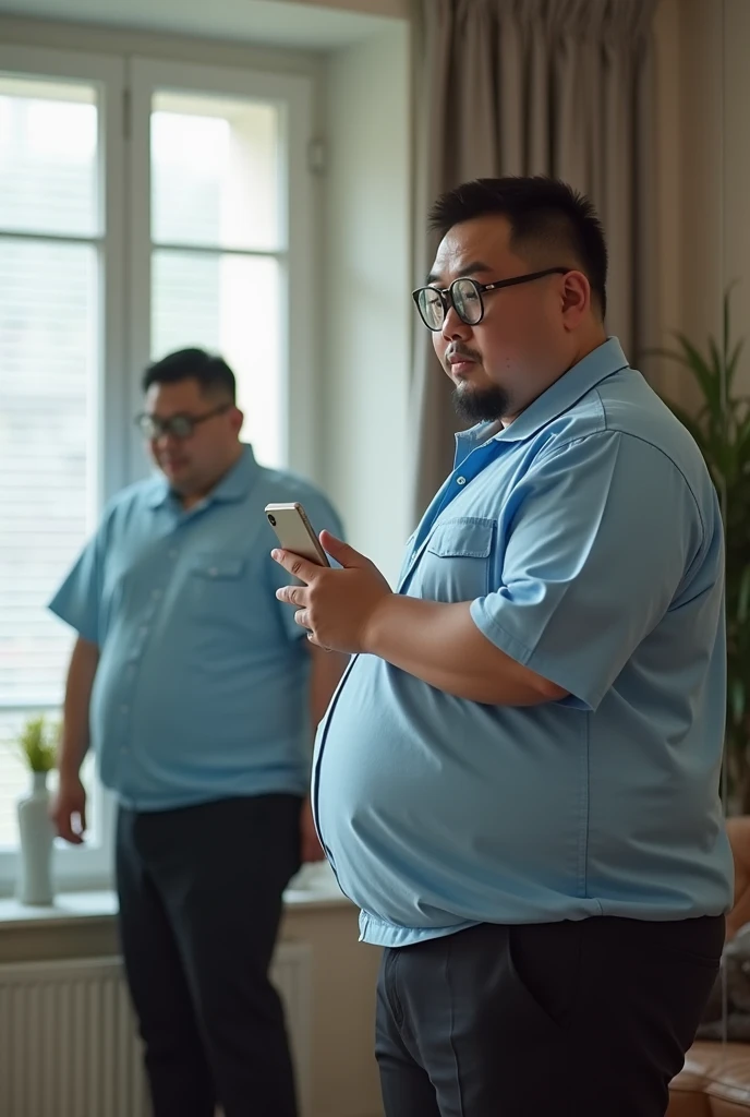 in the gym an asian fat guy eating keto food, the fat guy saw the mirror and in the mirror he saw the slim and healthy version of himself, keto food, detox juice in the takeout cup, the keto food is in the brown paper box