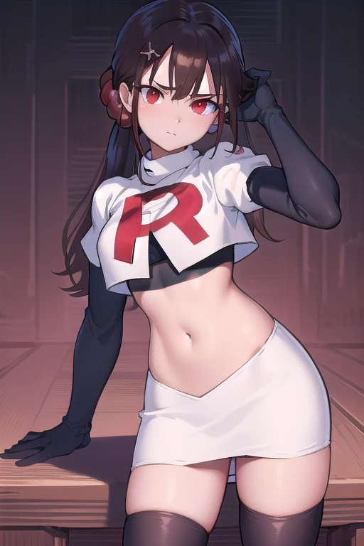 masterpiece, Highest quality, Ultra high definition, Spring Roll, Red eyes, Brown Hair, Low twin tails, Red scrunchie, Mole under the eye, Hair Clip, team rocket,team rocket uniform,white skirt,red letter R,crop top,black thigh-highs,black elbow gloves, cowboy shot,