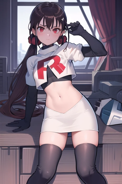 masterpiece, Highest quality, Ultra high definition, Spring Roll, Red eyes, Brown Hair, Low twin tails, Red scrunchie, Mole under the eye, Hair Clip, team rocket,team rocket uniform,white skirt,red letter R,crop top,black thigh-highs,black elbow gloves, cowboy shot,