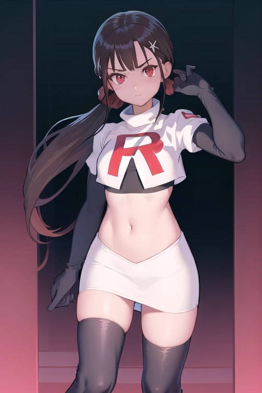 masterpiece, Highest quality, Ultra high definition, Spring Roll, Red eyes, Brown Hair, Low twin tails, Red scrunchie, Mole under the eye, Hair Clip, team rocket,team rocket uniform,white skirt,red letter R,crop top,black thigh-highs,black elbow gloves, cowboy shot,