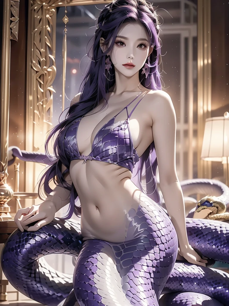 Chinese monsters, Beauty, Royal sister, Snake monster,  long purple hair, Snake Body, Pale countenance, Medusa, Huge snake tail，Purple snake scales，Purple snake tail,Mommy