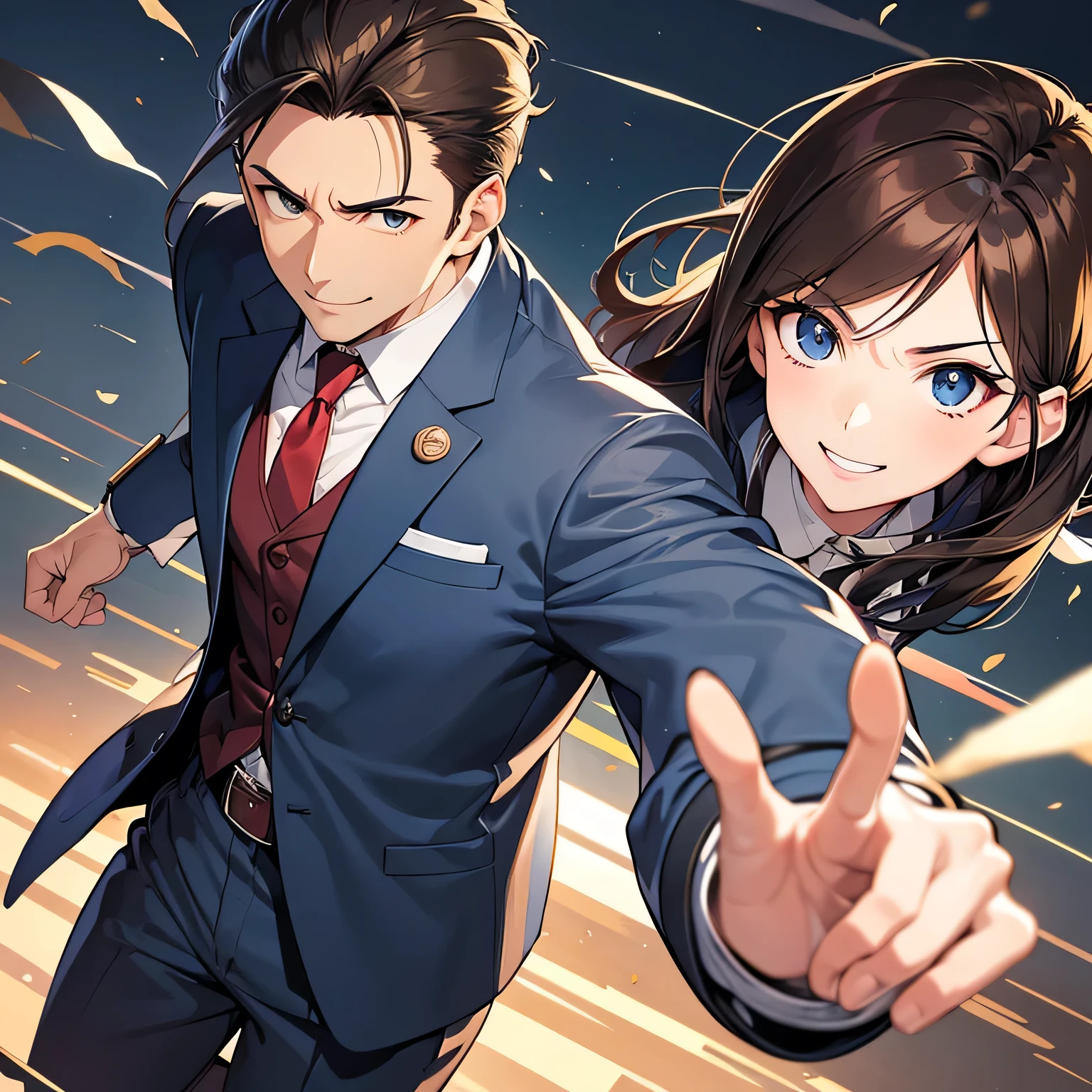 Top quality, best picture quality, 1080p, 8K, masterpiece, first class, (perfect face), (attention to detail), male, ((30 years old)), (alone), (headshot), frontal, handsome anime pose, looking at camera, ace lawyer in Ace Attorney, ace lawyer style, anime pose, ((left arm to chest level. straight up and pointing to the front)), anime style, dark brown hair, classic short side parted light hair, navy blue recruitment suit, navy blue trousers, grey tie, watch on wrist, (smiling, mouth wide open), (round chin), fresh full smile.