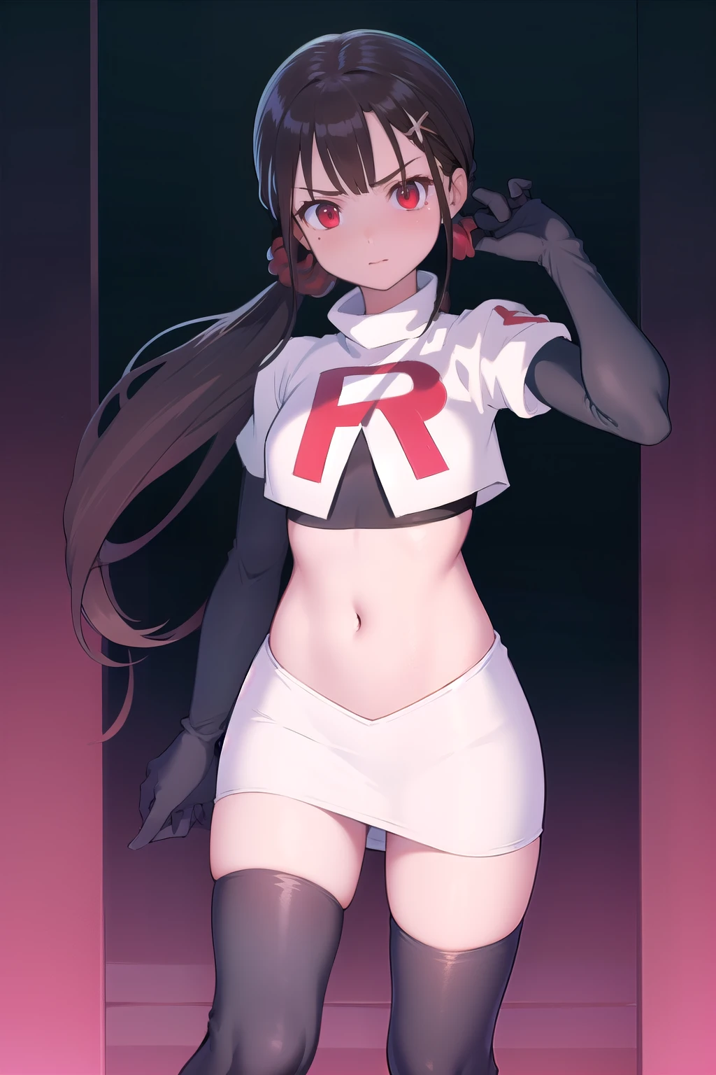 masterpiece, Highest quality, Ultra high definition, Spring Roll, Red eyes, Brown Hair, Low twin tails, Red scrunchie, Mole under the eye, Hair Clip, team rocket,team rocket uniform,white skirt,red letter R,crop top,black thigh-highs,black elbow gloves, cowboy shot,