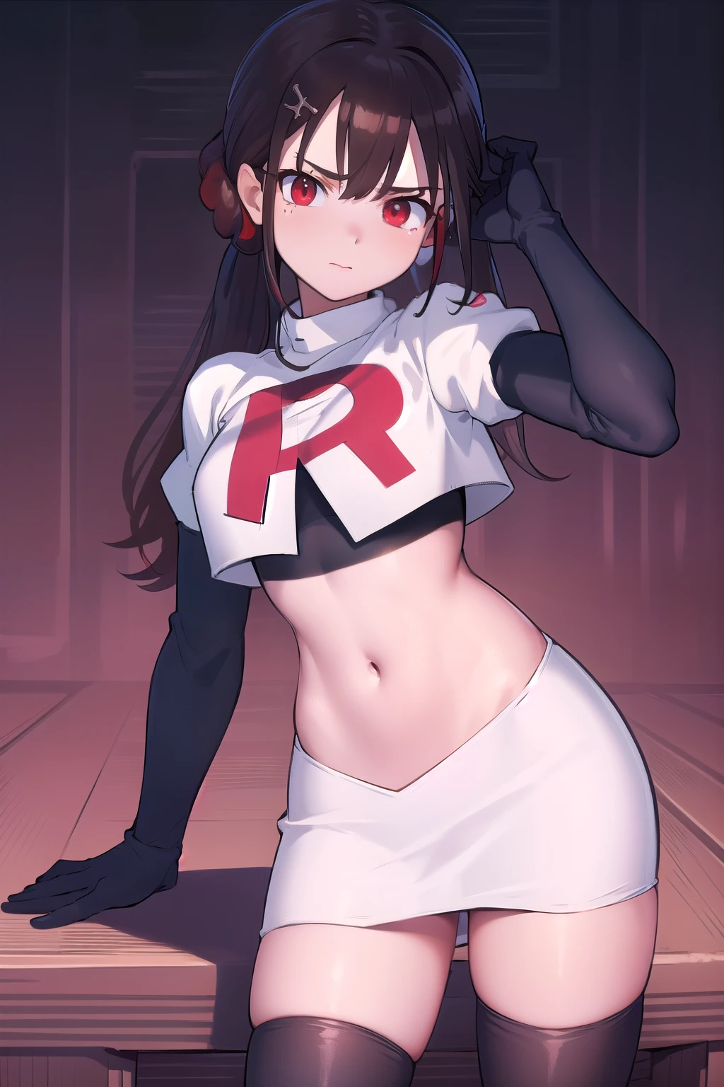 masterpiece, Highest quality, Ultra high definition, Spring Roll, Red eyes, Brown Hair, Low twin tails, Red scrunchie, Mole under the eye, Hair Clip, team rocket,team rocket uniform,white skirt,red letter R,crop top,black thigh-highs,black elbow gloves, cowboy shot,