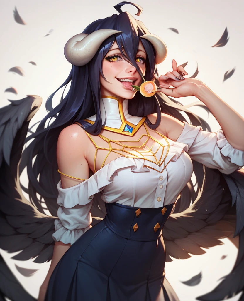 black hair, curvy body,medium breast,big hips,wearing mafia outfit,middle finger hand sign, smiling faintly,albedo,city background, midnight setting.