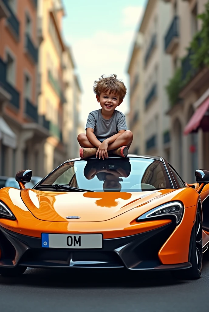 A boy looking at red apache in showroom