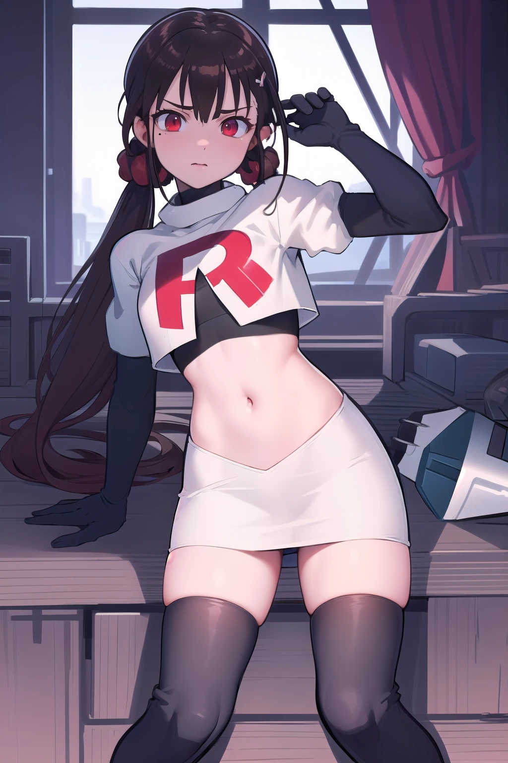 masterpiece, Highest quality, Ultra high definition, Spring Roll, Red eyes, Brown Hair, Low twin tails, Red scrunchie, Mole under the eye, Hair Clip, team rocket,team rocket uniform,white skirt,red letter R,crop top,black thigh-highs,black elbow gloves, cowboy shot,