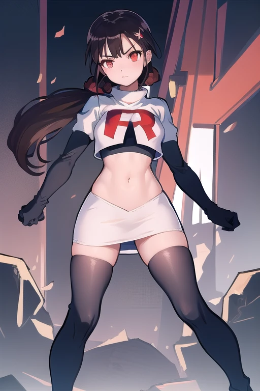 masterpiece, Highest quality, Ultra high definition, Spring Roll, Red eyes, Brown Hair, Low twin tails, Red scrunchie, Mole under the eye, Hair Clip, team rocket,team rocket uniform,white skirt,red letter R,crop top,black thigh-highs,black elbow gloves, cowboy shot,