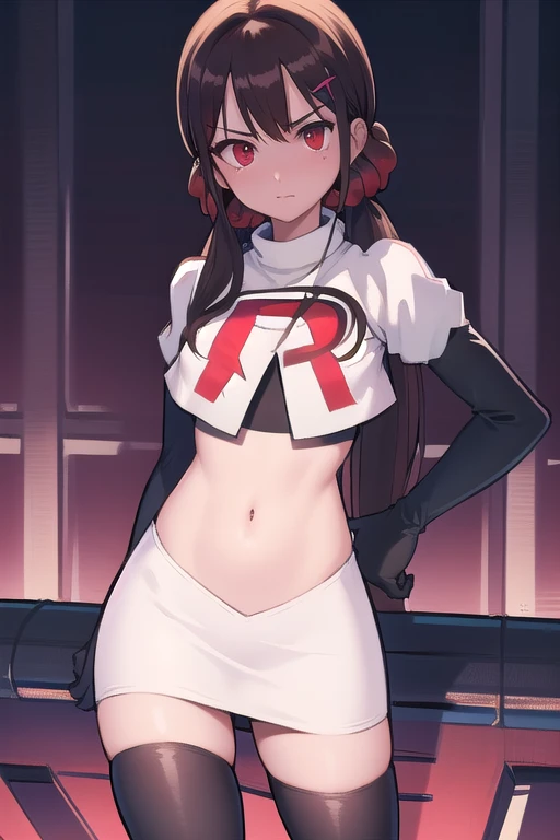 masterpiece, Highest quality, Ultra high definition, Spring Roll, Red eyes, Brown Hair, Low twin tails, Red scrunchie, Mole under the eye, Hair Clip, team rocket,team rocket uniform,white skirt,red letter R,crop top,black thigh-highs,black elbow gloves, cowboy shot,