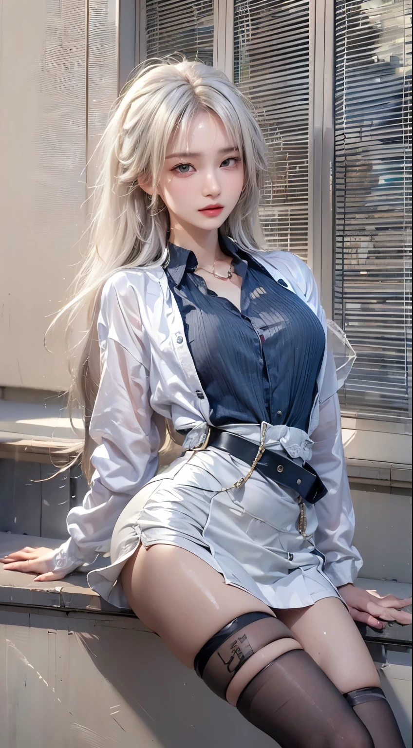 (Girl sitting on a train seat)、Top quality work、Actual work、Ultra Premium Graphics、8K HD CG Works、High Quality Graphics、High resolution CG work、10x pixels、Extremely fine detail:1.1、Advanced technical details:1.1 Photorealistic、Natural light:1.5。Light effects(Virtual Light Effects:1.8)、長いSilver Hair、Silver Hair、Transparent Hair、Hair with attention to detail(Premium Hair Detail:1.1)Clear Eyes、Beautiful double eyelids、Sharp eye make up、Delicate eyelash makeup、Thin eyebrows、Highly detailed eyes、High nose、Nice red lips、Rose Cheeks、Subtle makeup face、Cute face、Perfectly Proportioned Face、(Advanced Face Detail:1.1)、girl、Like a fairy in a painting、slim and sexy legs、A beautiful face is beautiful and delicate、Like a finely carved piece of jade、It shows patience and wisdom。The nose is straight,Cherry Lip Color、Her face is clear,Her skin is as white as jade,Gives a healthy glow,Her makeup is light and subtle,Not too decorative,A light-toned foundation enhances the clarity of your skin.,eye make up:Eyeshadow and eyeliner,Make her eyes bright and cheerful、Adds a touch of glamour and sophistication,((High school girl))、((White blazer、Chest Emblem))、(White blouse)、(Red tie)、(Navy blue checked skirt)、(I can see her white panties)、Her hair is casually tied back,Fixed with hosta,A few strands of hair are swaying gently in the wind,Add a little softness、It charmed everyone.、Elegance、Mystery、Powerful、（Shot from below)、(Hold up the skirt),（Lift-up skirt)、((Eyes closed)),((White panties are visible))、