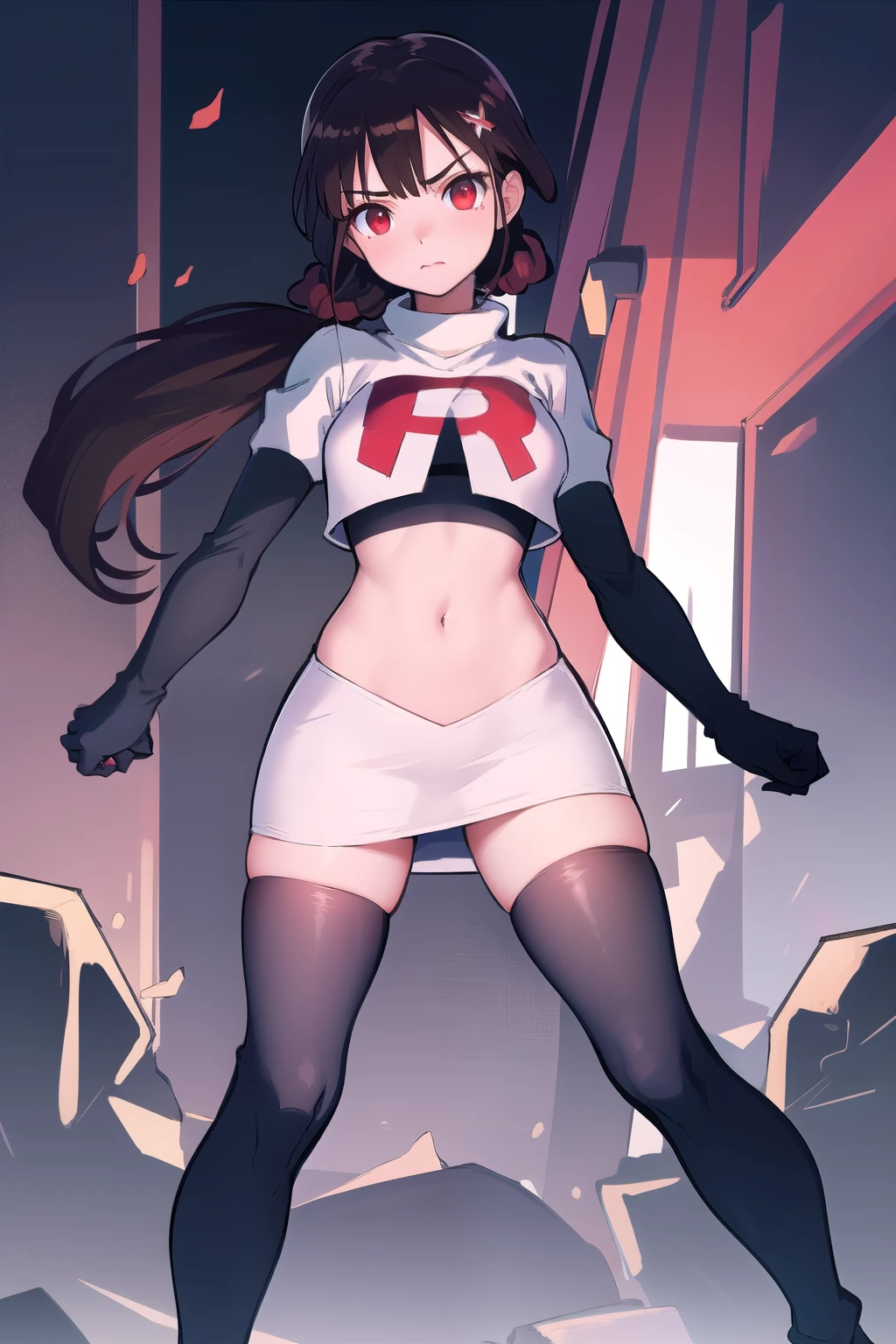 masterpiece, Highest quality, Ultra high definition, Spring Roll, Red eyes, Brown Hair, Low twin tails, Red scrunchie, Mole under the eye, Hair Clip, team rocket,team rocket uniform,white skirt,red letter R,crop top,black thigh-highs,black elbow gloves, cowboy shot,