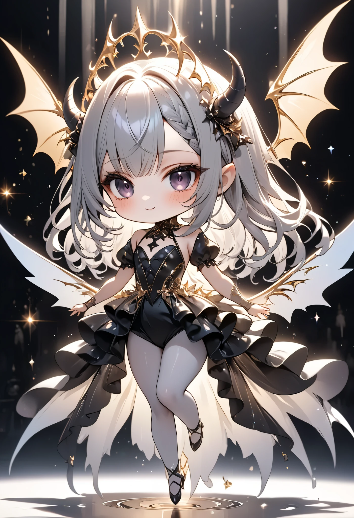 chibi, masterpiece, best quality, ultra-detailed, 1girl, dark gothic,drkgirl, demon attire, dark grow eyes, soft smile, light-filled background resembling death palace, flowing white and gold outfit, wings adorned with subtle sparkles, floating gracefully, dynamic pose, magical aura, pastel and soft lighting, whimsical and ethereal atmosphere, delicate and graceful composition