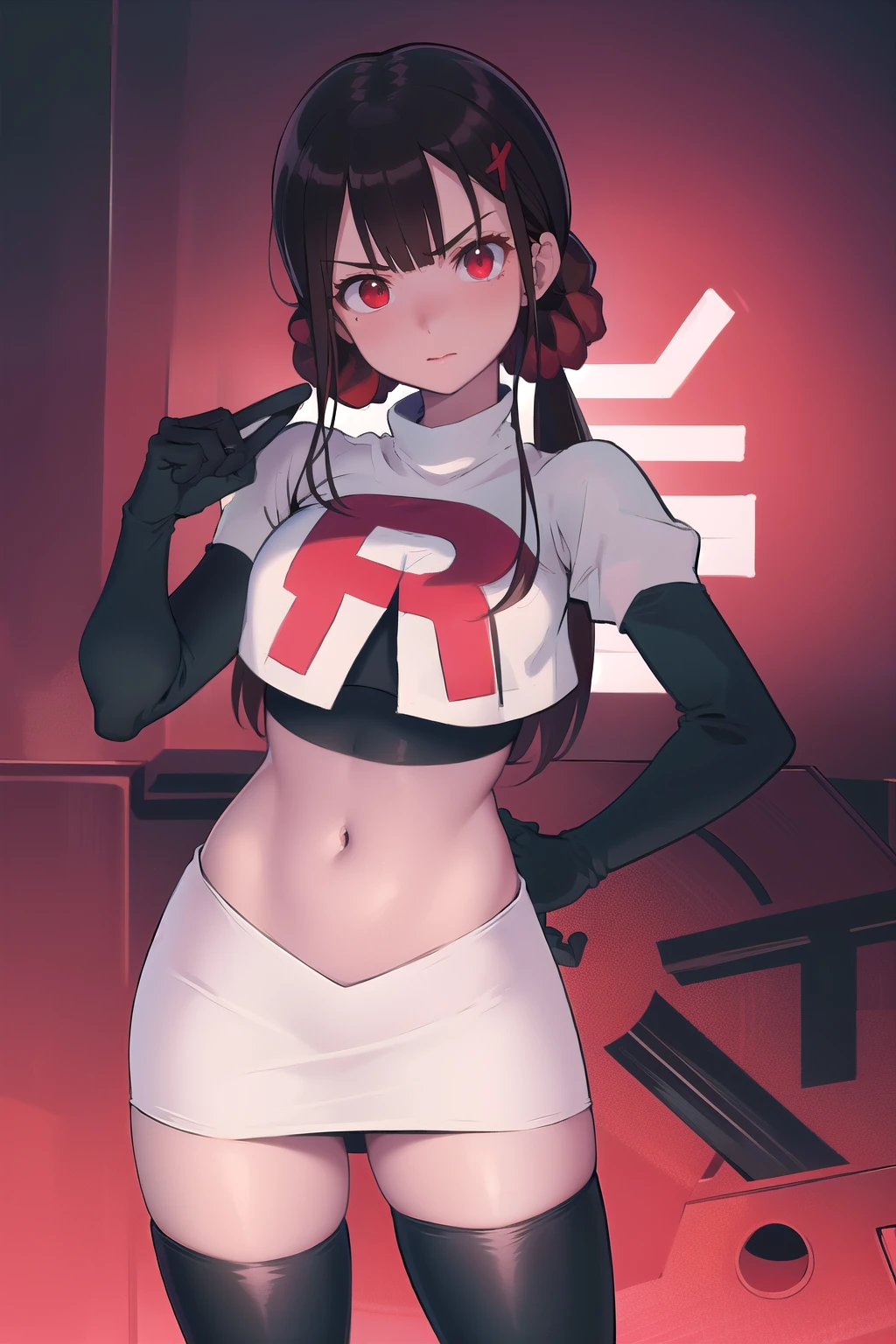 masterpiece, Highest quality, Ultra high definition, Spring Roll, Red eyes, Brown Hair, Low twin tails, Red scrunchie, Mole under the eye, Hair Clip, team rocket,team rocket uniform,white skirt,red letter R,crop top,black thigh-highs,black elbow gloves, cowboy shot,