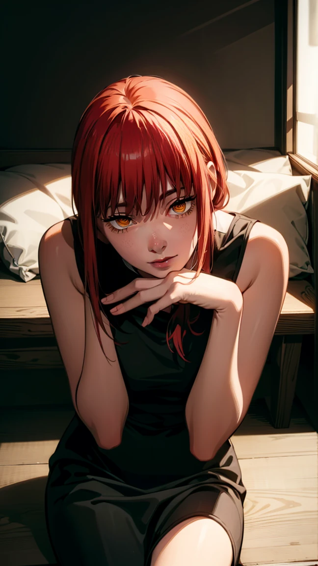 The character Makima from the anime series Chainsaw Man, fragile, full length (Full body 1.1.), dark background, darkness, Correct anatomy 1.1, correct hand anatomyVery sexy, erotica, very feminine, beautiful figure, legs, Buttocks, Beautiful body, red hair, orange eyes, Red circles for schoolchildren, summer dress, sexy pose, realistic, very detailed, Beautiful body, detailed body, detailed hands, detailed, Vibrating, detailed Face, Makima character design. very detailed, detailed body, detailed hands, detailed Face, Anime art, Hugh Details, Very downcast face, detailed eyes, Super thin illustration, best shadow, Fine detail, beautiful detailed glow, beautiful detailed, Extraordinarily beautiful, extremely detailed, inexpressive, Epic composition, Anime style. anime art anime art, Anime style,
