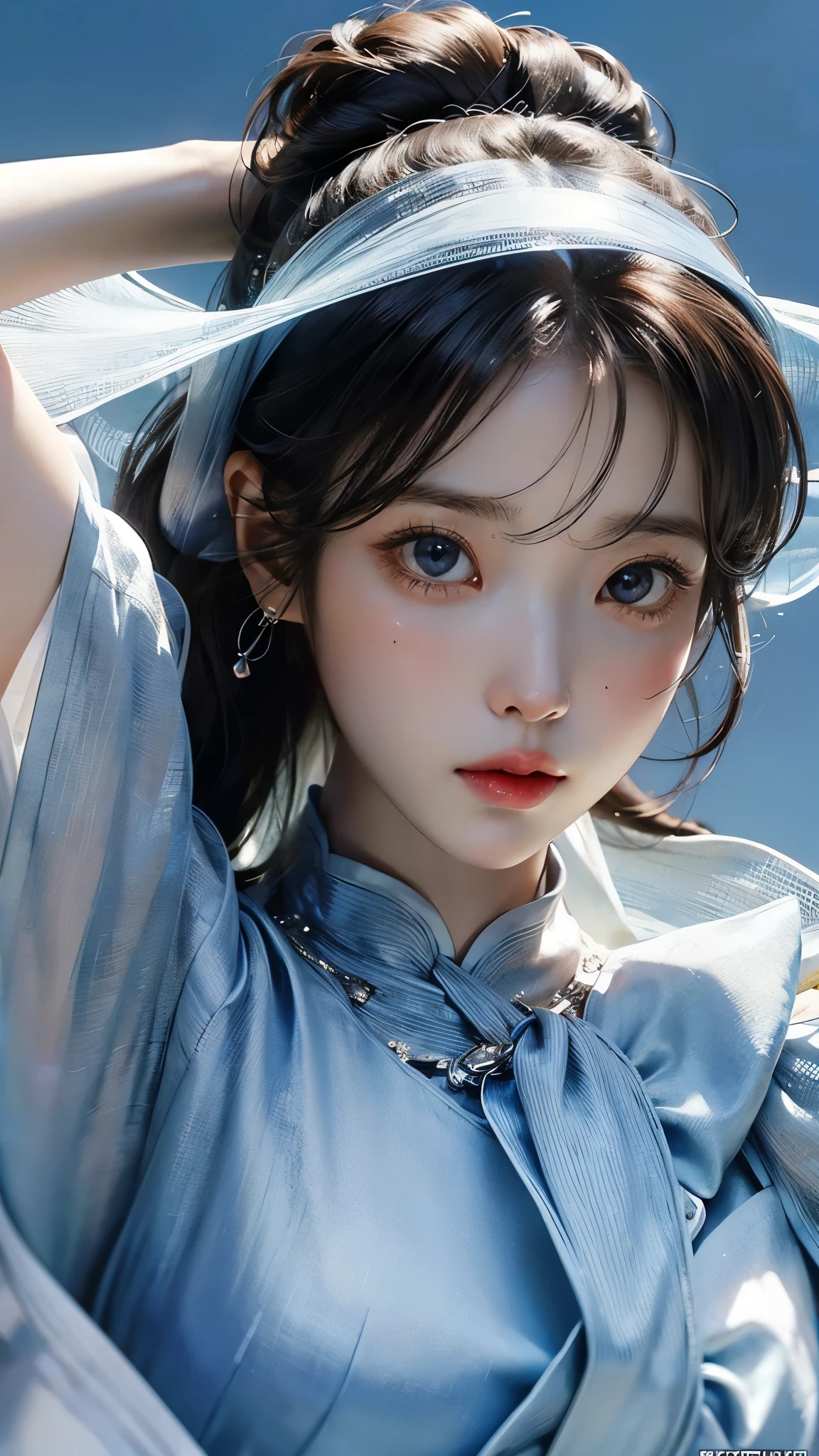 (masterpiece), ( top notch ), ( High Quality Details), (illustration), (1 woman), look at the viewer and focus on the , (Interview), beautiful and detailed eyes , delicate and beautiful face , Floating , (High saturation), (shining), blue sky, Bright and beautiful face, skin is young and radiant , 공정하고 shining, Best appearance , Very beautiful, big eyes shine with clear sky blue light, beautiful and amazing beautiful girl ,