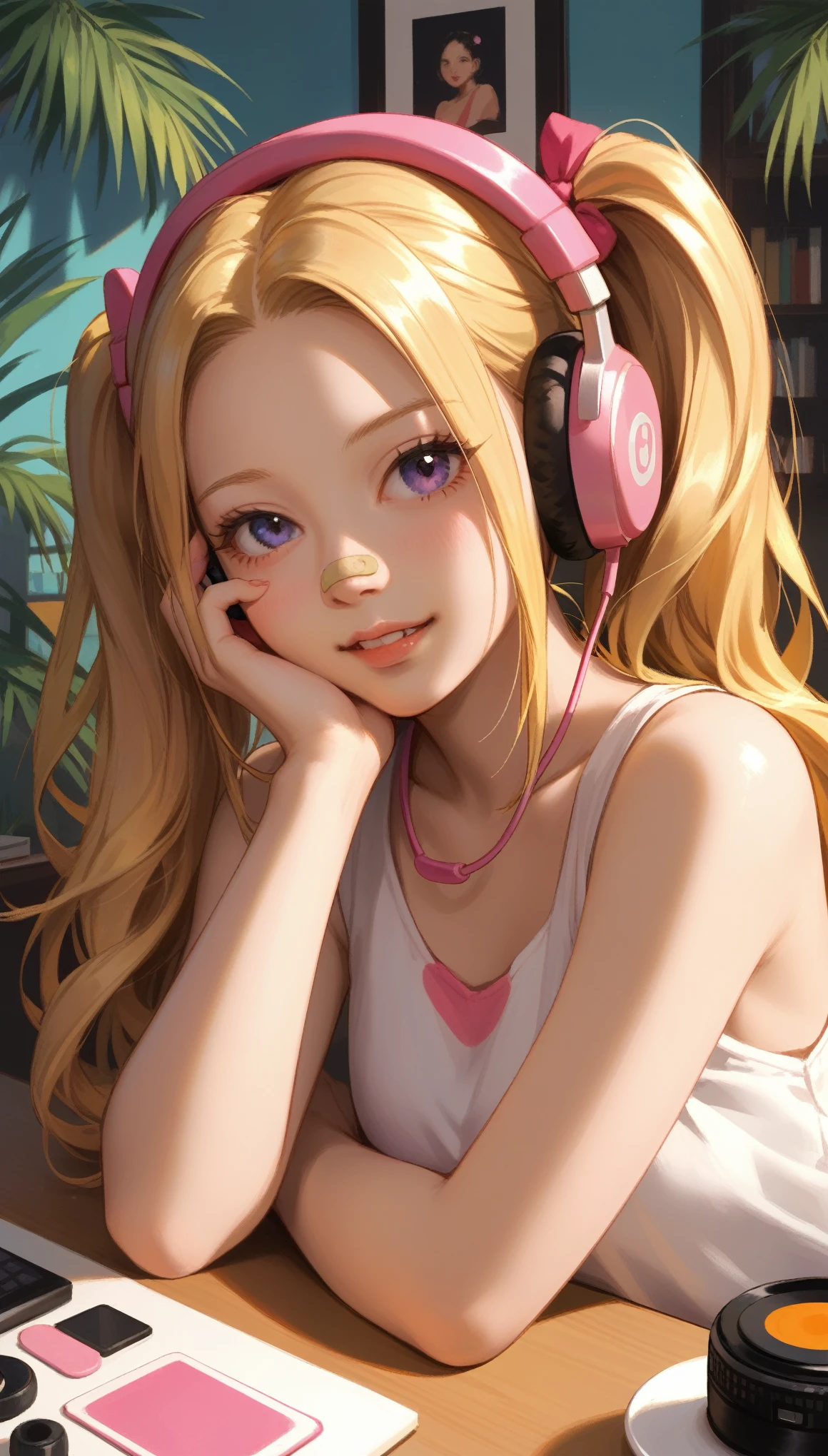  close-up of a young girl wearing headphones ,  golden hair with double ponytails  , Bangs cover forehead  ，  bare shoulders  ，30 degree sideways angle ，Support your chin with one hand ， In front of the camera is a table ， and lie down on the table，Palm holding face  ，  pink band-aid on the bridge of the nose  ，  anime style，Hand drawn thick paint style，  with obvious black strokes 