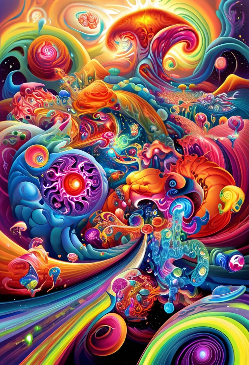 Psychedelic-style nano-infused mutants, Mutants with nanobots integrating into their bodies, Granting Extraordinary Abilities, a dark nebula in the background, . swirly vibrant colors, swirl patterns, abstract shapes, surreal, mind blowing