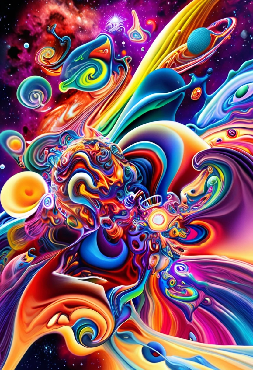 Psychedelic-style nano-infused mutants, Mutants with nanobots integrating into their bodies, Granting Extraordinary Abilities, a dark nebula in the background, . swirly vibrant colors, swirl patterns, abstract shapes, surreal, mind blowing