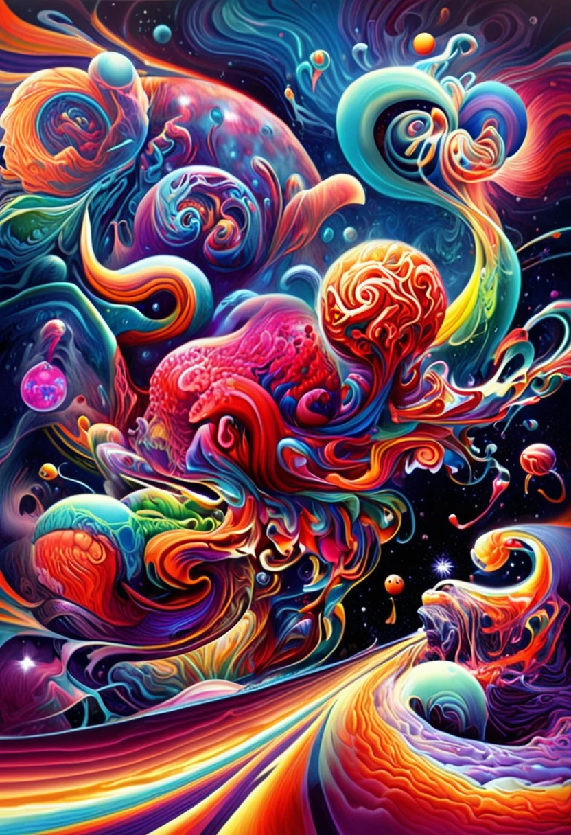 Psychedelic-style nano-infused mutants, Mutants with nanobots integrating into their bodies, Granting Extraordinary Abilities, a dark nebula in the background, . swirly vibrant colors, swirl patterns, abstract shapes, surreal, mind blowing