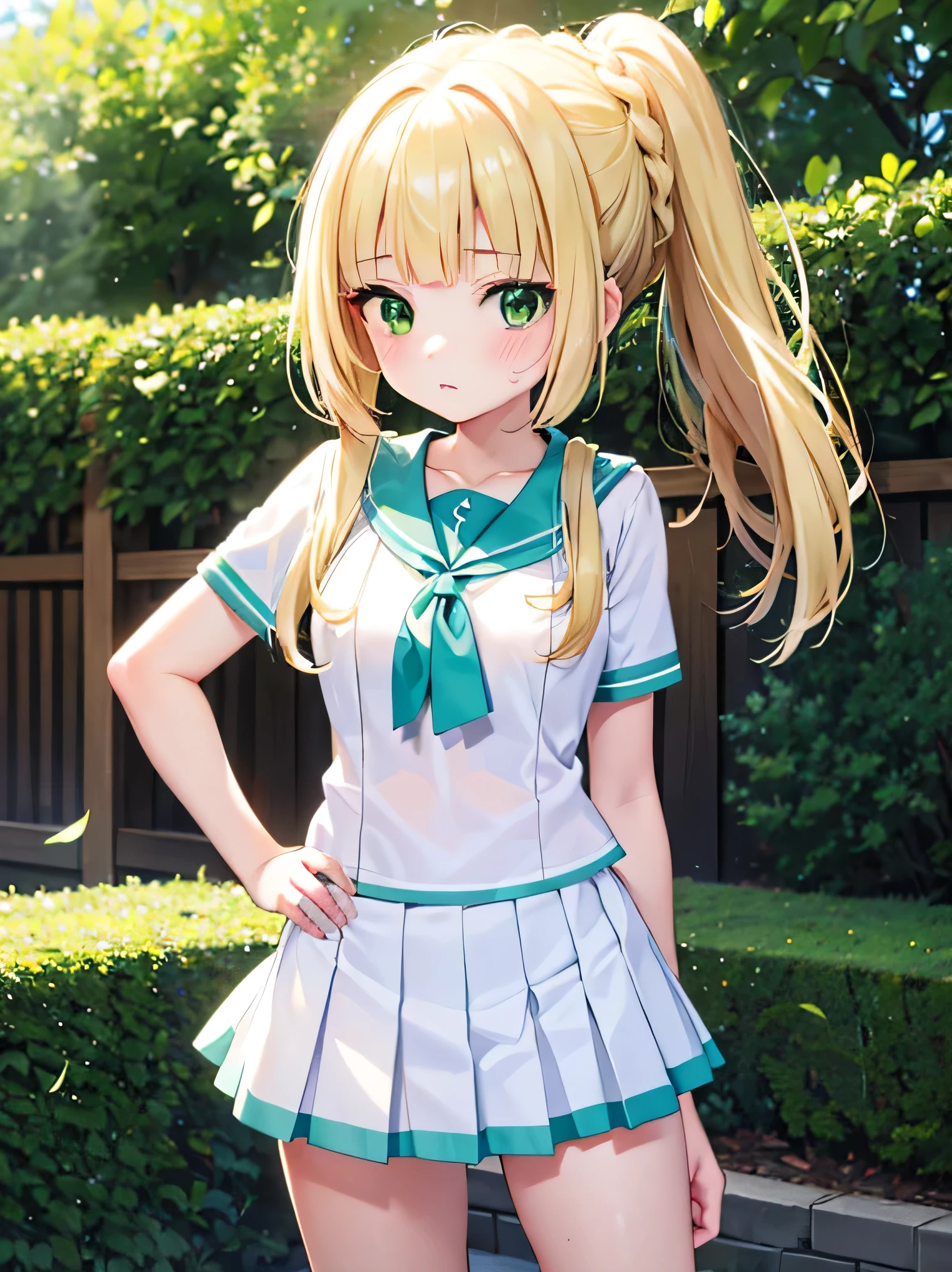 pokemon lilie, blonde hair, blunt bangs, (green eyes:1.5), long hair, (:1.2), break braid, french braid, high ponytail, miniskirt, pleated skirt, sailor collar, shirt, skirt, white shirt, white skirt, medium chest, thin, -yeld girgrabbing breasts from behind, seductive anime girl , beautiful and seductive anime teens , Etch, Touching clothes , Naked Anime Japanese High School Girl DXD , pixiv 3dcg, very deteiled