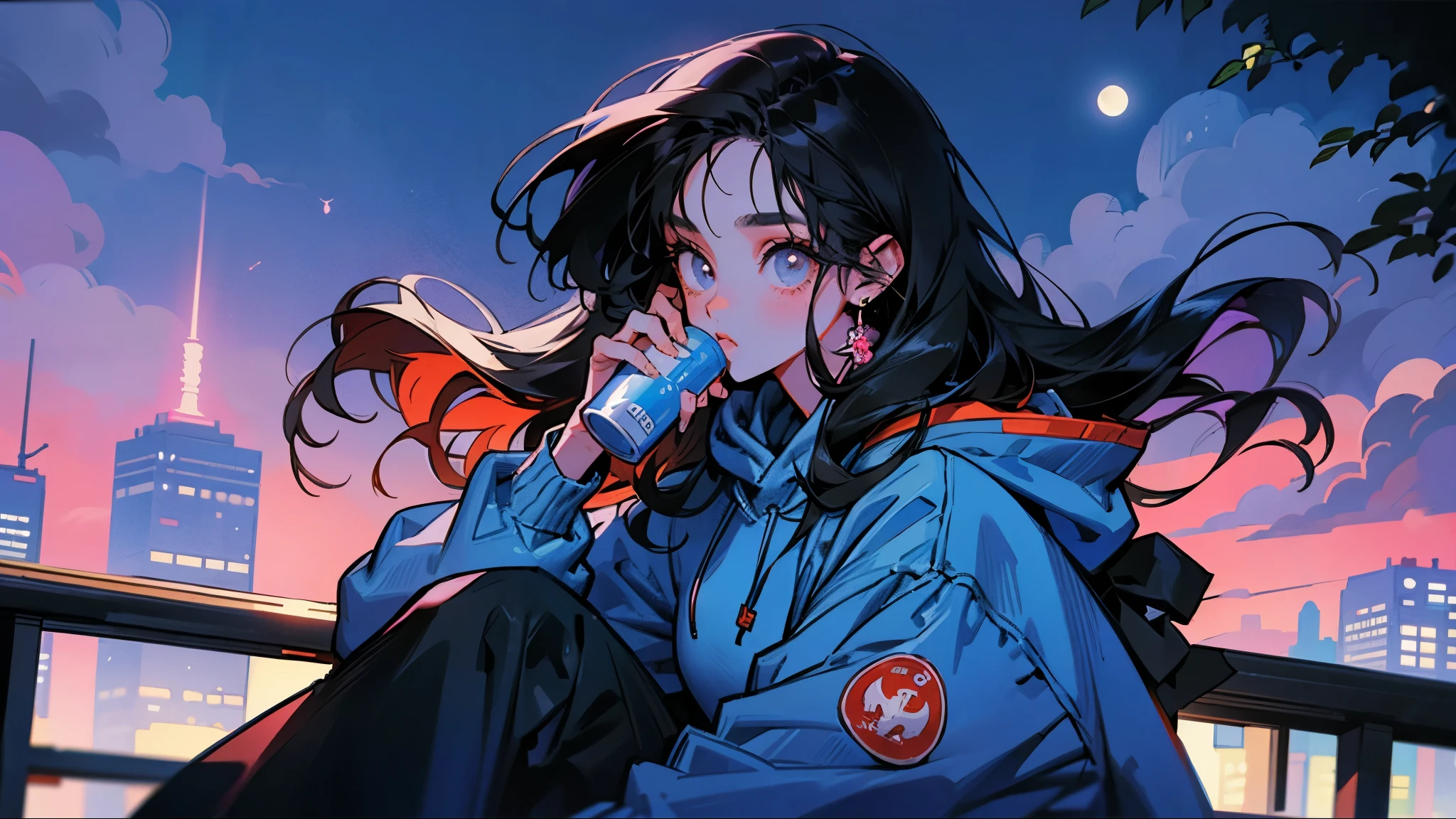 80s anime style, a beautiful woman with long, straight black hair, an adult, alone, wearing a trendy hoodie, drinking coffee at home under the moonlight in nighttime Tokyo