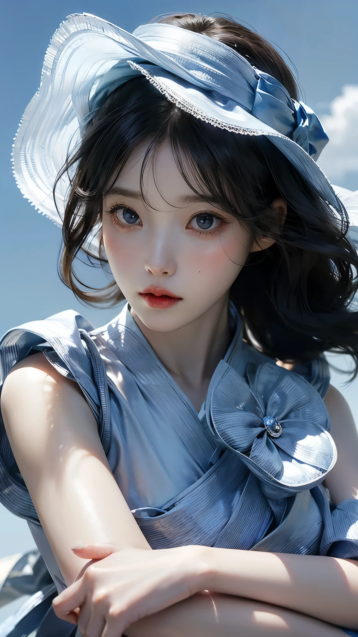 (masterpiece), ( top notch ), ( High Quality Details), (illustration), (1 woman), look at the viewer and focus on the , (Interview), beautiful and detailed eyes , delicate and beautiful face , Floating , (High saturation), (shining), blue sky, Bright and beautiful face, skin is young and radiant , 공정하고 shining, Best appearance , Very beautiful, big eyes shine with clear sky blue light, beautiful and amazing beautiful girl ,