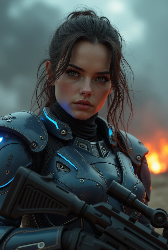 arafed image of a woman with a face ????????????? and a man in a suit behind her, still frame from prometheus, in style of luis royo, mechanized soldier girl, by Marek Okon, artificial intelligence logo, miners, grey armor, wet make - up, sexy movie photo, icon for an ai app, portrait of a female ranger