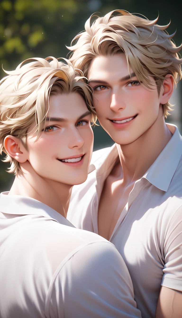 2 men, twins, male twins, blonde short hair, brown eyes, lean muscle form, (first man:mature, polite, serious), (second man:childlike, smile with viewer)