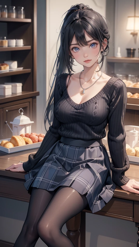 sfw, masterpiece, Best Quality, High resolution, detail hands, detail fingers, detail face, detail leg, perfect lighting, (1girl, solo, detail girl), cute girl, (black hair, Ponytail hair , Gray eyes, medium breast), (black ribbed sweater, necklace, bruise blue plaid longskirt, pantyhose, white heels,), (morden, shop), Cafe