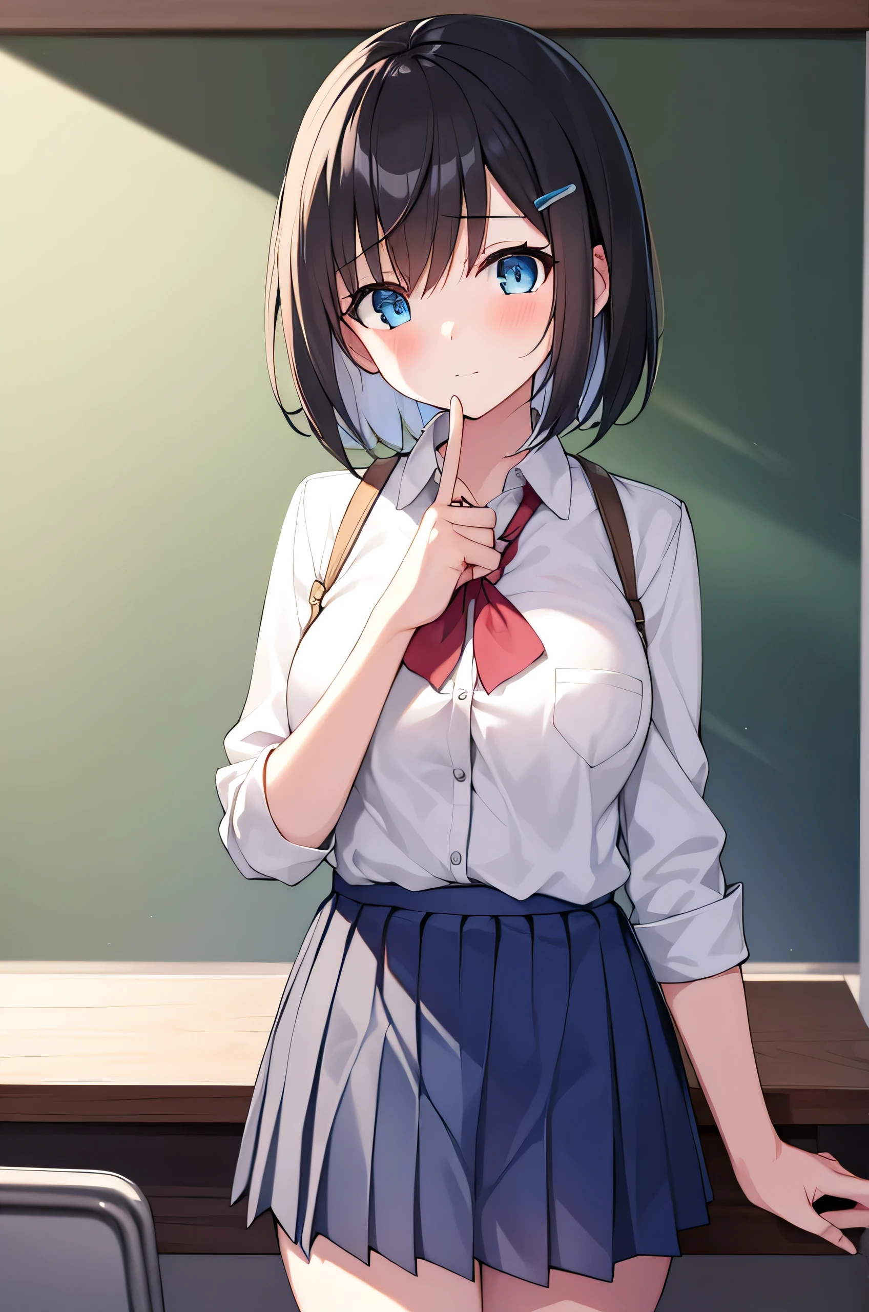 solo girl, 20 years old,kawaii pose,blunt bangs,bob cut hair,brown hair,brown eyes, medium breast,evil laugh,scorn,head tilt,long sleeves shirts,bowtie,pleated skirt,classroom,insanely detailed, absurdres, ultra-highres, ultra-detailed, best quality, slender, kawaii, perfect symmetrical face, ultra cute girl, ultra cute face, ultra detailed eyes, ultra detailed hair, ultra cute, ultra beautiful,masterpiece,incredibly absurdres,high detail eyes