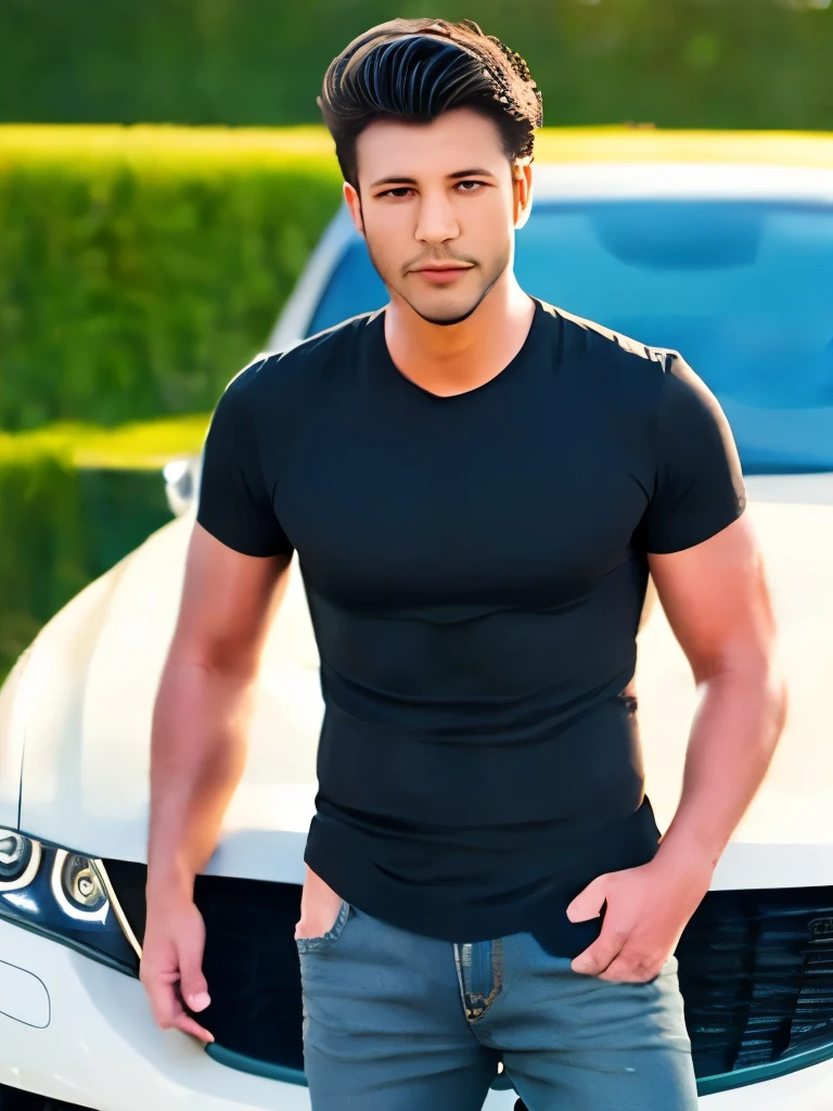 good looking manly face good square jawline, heroic, brown skin ,detailed realistic open brown eyes, muscular,standing in front of car in ottawa wearing black t-shirt smiling