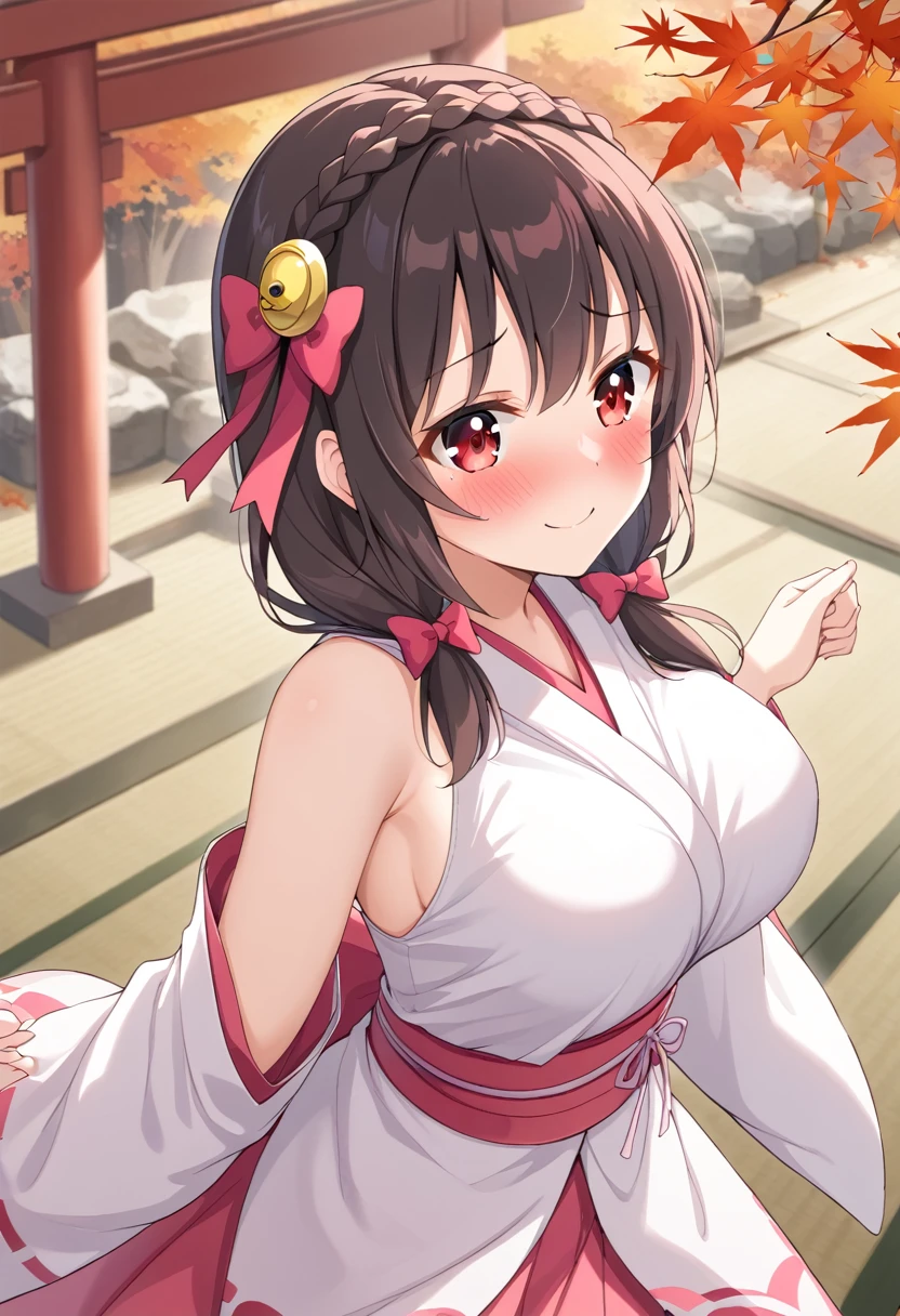 yunyun、masterpiece, best quality,  Hi-Res,One person, Yunyun、名前はYunyun,  crown braid of the same color as hair,  black hair、Red eyes、 hair accessories,  hair bow, ( white and pink shrine maiden costume )、She has big breasts、(blush)、autumn leaves、、(shrine:1.2)、Standing、 open my eyes 、( embarrassed smile)、blush、Looking up、Dancing 