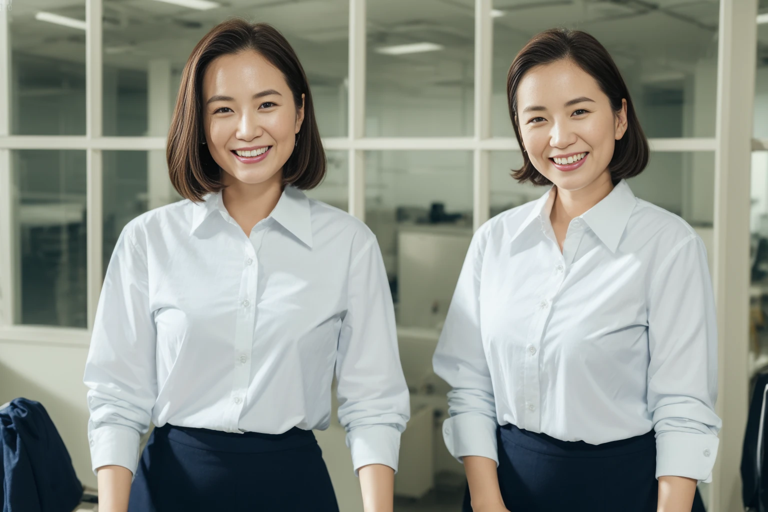 (( best quality, 8k, masterpiece,  portrait: 1.3)), ( Viewers), ( close:0.85),  attractive business mature , 8 people, A little thick:0.35,  White Collared Shirt , navy blue cotton tight skirt, ( Big Breasts and Big Hips :0.5), smile, An empty office,