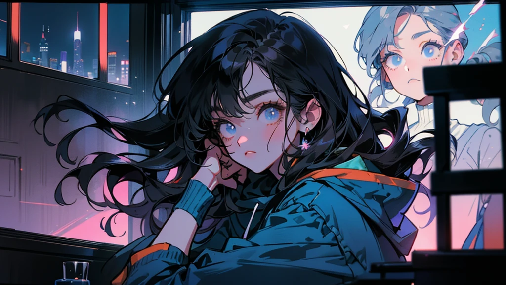 80s anime style, depicting a single character: a beautiful adult woman with long, straight black hair, dressed in a trendy hoodie. She is alone at home, illuminated by soft moonlight, gazing upward toward the sky through the window. The Tokyo cityscape serves as a dramatic backdrop, enhancing the scene's introspective and cinematic atmosphere