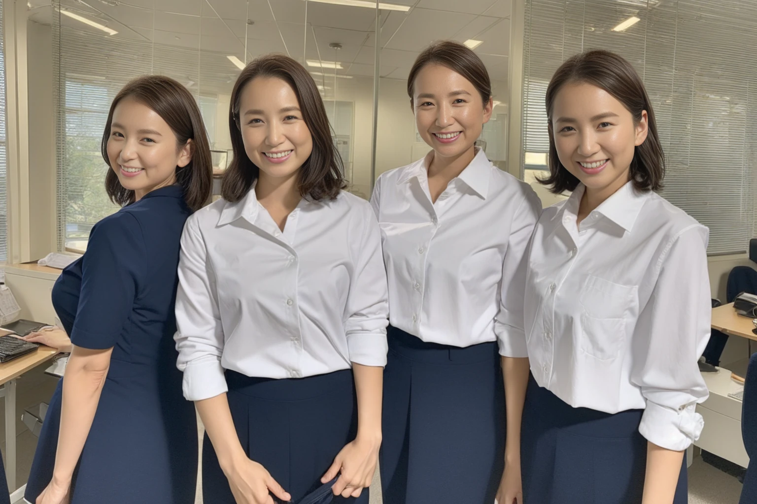 (( best quality, 8k, masterpiece,  portrait: 1.3)), ( Viewers), ( close:0.85),  attractive business mature , 8 people, A little thick:0.35,  White Collared Shirt , navy blue cotton tight skirt, ( Big Breasts and Big Hips :0.5), smile, An empty office,