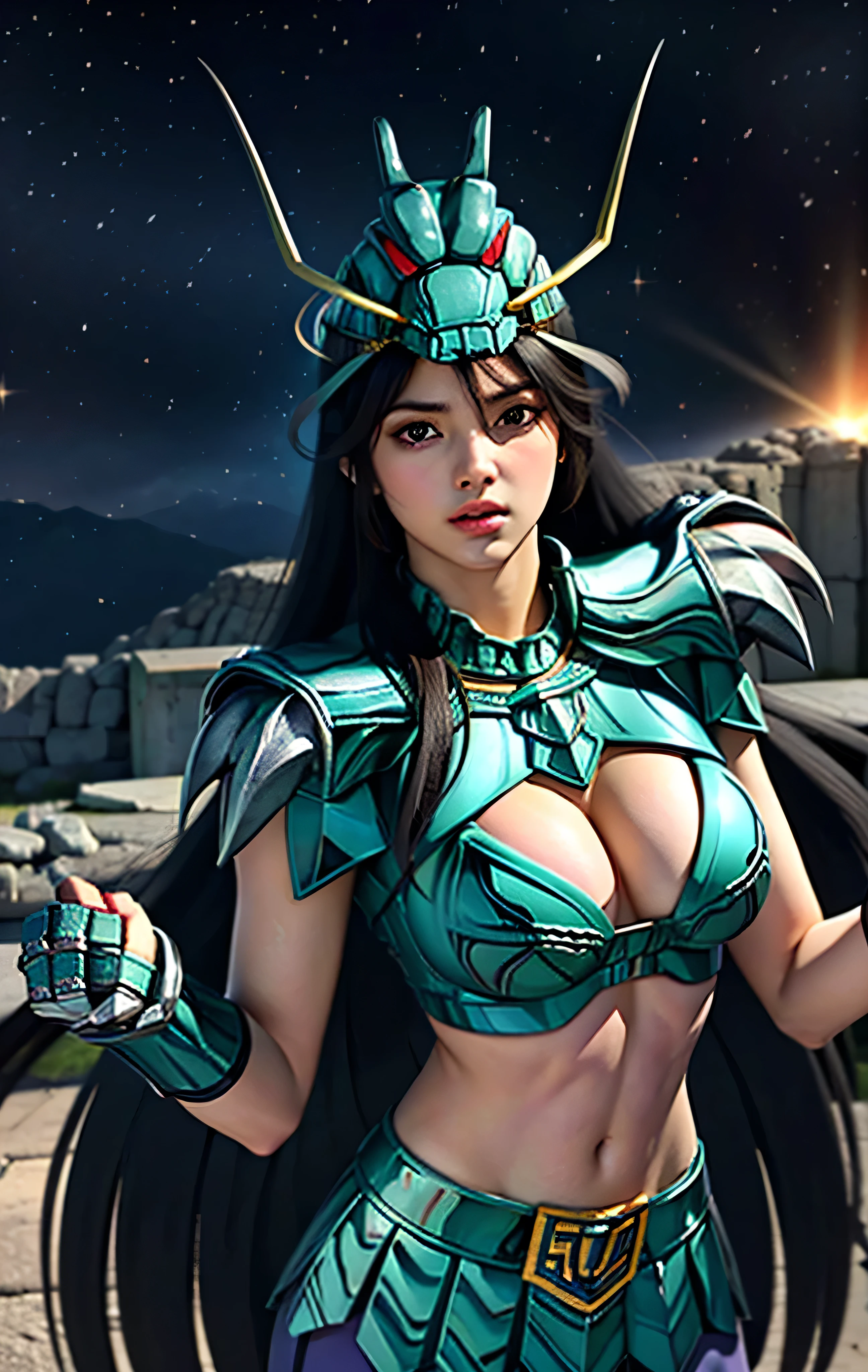 masterpiece, best quality, ultra high res, realistic skin texture, armature, (photorealistic:1.4), high resolution, raw photo, shiny skin, realistic skin texture, best lighting, sparkle, dramatic lighting, dynamic pose, (greek temple background:1.3), night sky, cosmos, milky way, 1girl, (medium breast:1.1), balanced eyes, Dragon Shiryu wearing green silver armor, purple pants, purple short sleeve shirt, wearing dragon helmet, roman skirt plate, (breast plate:1.5), very long hair, shield, cleavage, uniques high-quality image in 32K ,hyper realistic, with full body and perfect limbs , divine creation light