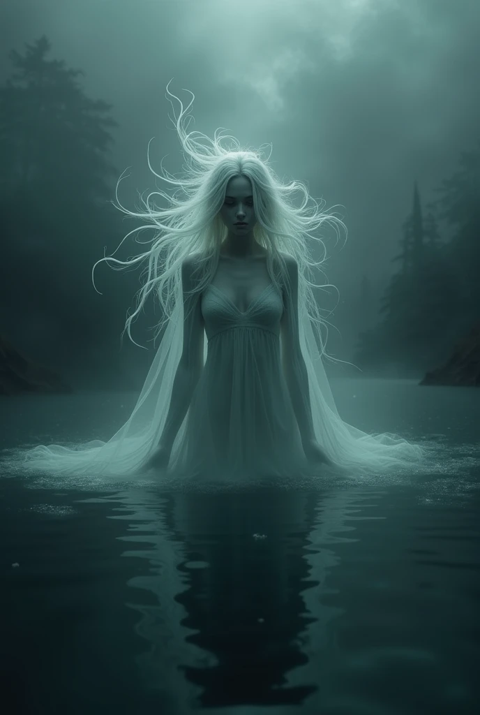 half body shot, hyper realistic photograph in a swamp, beautiful pale model, iridescent skin, skin that looks like glass, white albino python body moving in the water,
