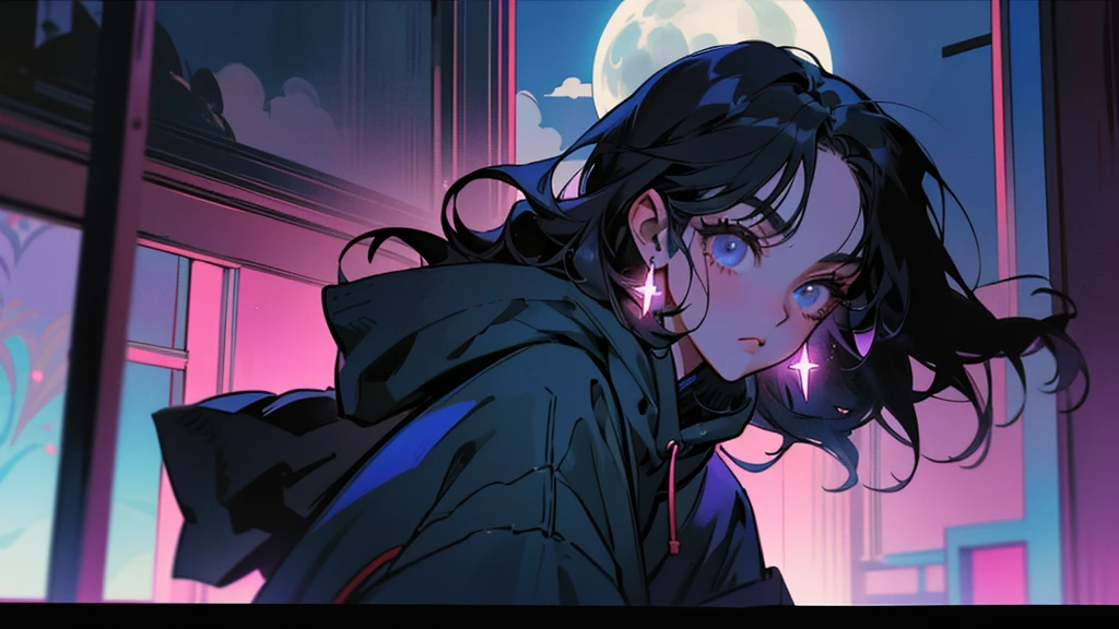 80s anime style, featuring a single character: a beautiful adult woman with long, straight black hair, dressed in a trendy hoodie. She is alone in a moonlit room, with the Tokyo cityscape visible outside the window. Gazing upward toward the sky, her posture and the dramatic lighting evoke a sense of introspection and cinematic tension