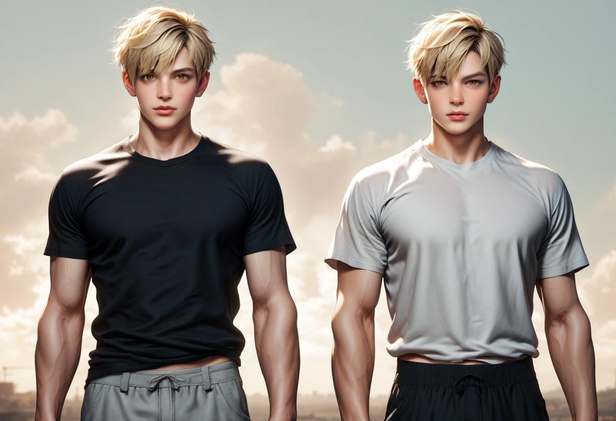 2 men, blonde short hair, brown eyes, lean muscle form, wearing a shirt and baggy pants, hyper realistic, cinematic lighting, 8k, photorealistic, masterpiece, detailed face, extremely detailed facial features, detailed eyes, detailed lips, detailed nose, dramatic pose, moody atmosphere, dark lighting, high contrast, muted color palette, grunge aesthetic